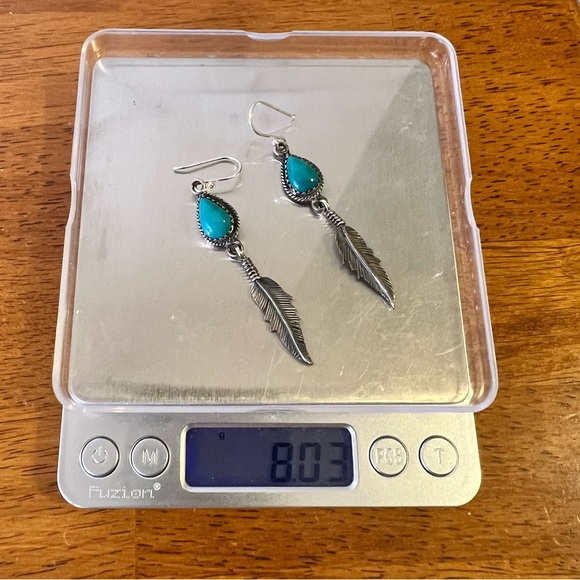 Turquoise & Sterling Feather Dangle Earrings | 925 Sterling Silver - Picture 8 of 9